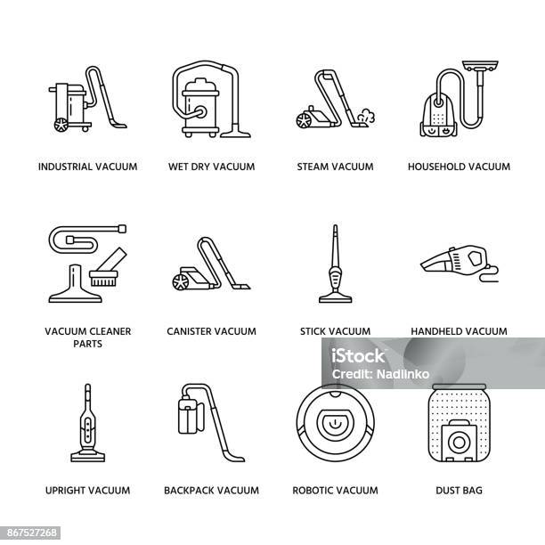 Vacuum Cleaners Colored Flat Line Icons Different Vacuums Types Industrial Household Handheld Robotic Canister Wet Dry Thin Linear Signs For Housework Equipment Shop Stock Illustration - Download Image Now