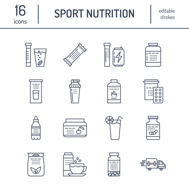 Sport nutrition flat line icons. Bodybuilding food, energy bar, protein, amino acids, anabolic, vitamins. Thin linear signs for gym fitness shop Sport nutrition flat line icons. Bodybuilding food, energy bar, protein, amino acids, anabolic, vitamins. Thin linear signs for gym fitness shop. gymnastics equipment stock illustrations