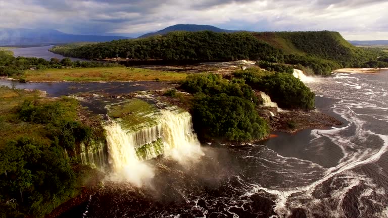 Aerial view of Canaima National Park Lagoon waterfalls. Canaima is a world known place for the beauty of nature and countless waterfalls. Canaima is visited for tourist all around the world.