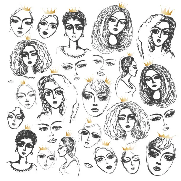 Vector illustration of Set of vector hand drawn beautiful women head with golden crown of princesses on a white background. Black and white monochrome sketch, adult and children coloring book page, tee shirt print