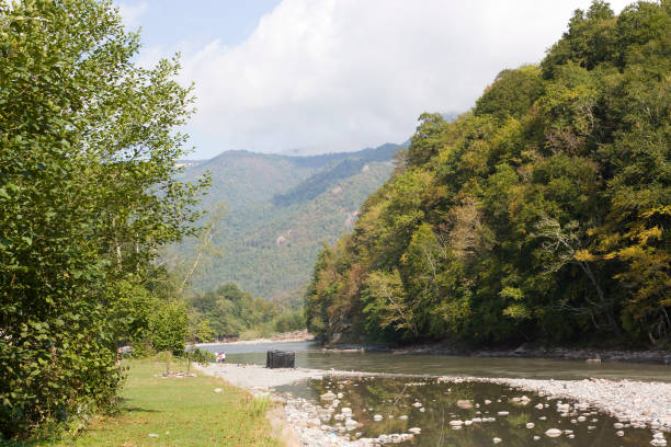 Beautiful landscape with river and mountains. The White river is in the North Caucasus