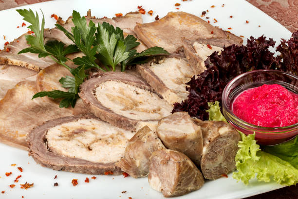 cold appetizer of meat products with horseradish - smoked tongue imagens e fotografias de stock