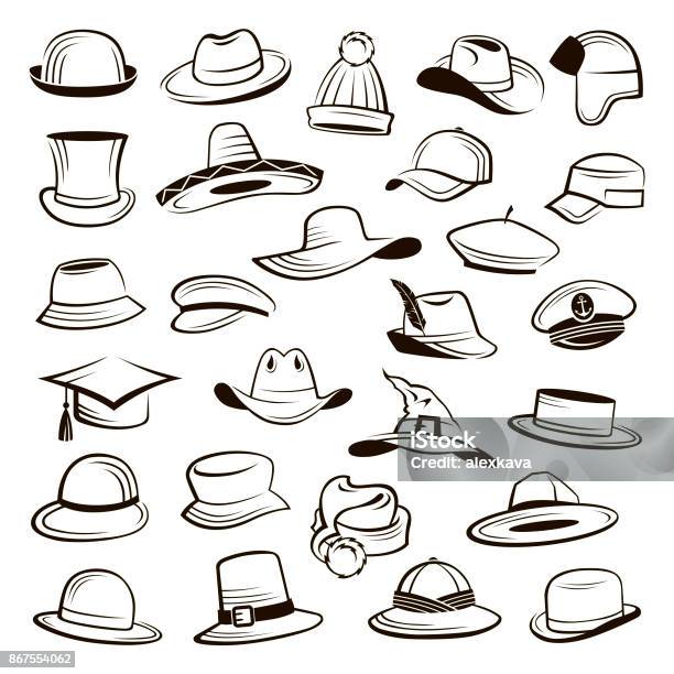 Ensemble De Chapeaux Vecteurs libres de droits et plus d'images vectorielles de Chapeau - Chapeau, Chapeau melon, Femmes