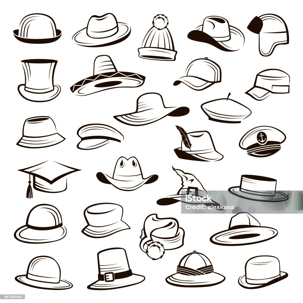 set of hats collection of different types of hats and caps Hat stock vector