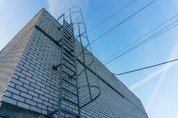 Outdoor staircase on the roof of a residential modern high-rise building