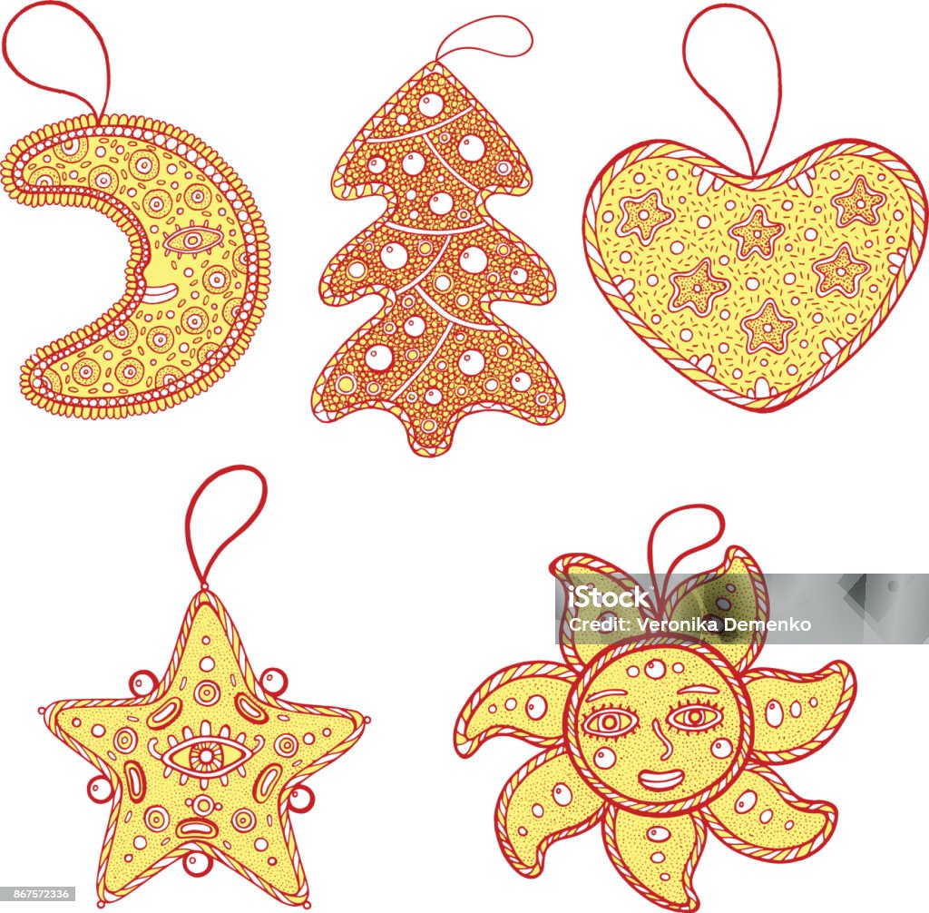 Set of Christmas decoration for christmas tree - golden star, mo Set of Christmas decoration for christmas tree - golden star, moon, sun, heart and christmas tree. Doodle isolated collection. Vector illustration. Abstract stock vector