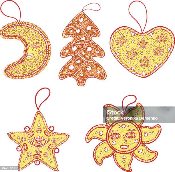 Set Of Christmas Decoration For Christmas Tree Golden Star Mo Stock Illustration - Download Image Now