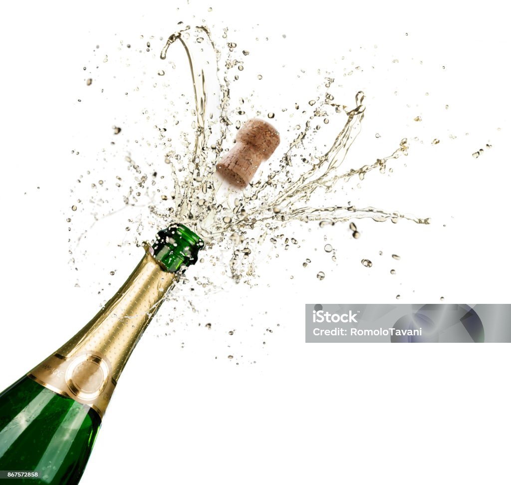 Celebration With Splashes Of Champagne Bottle With Champagne Explosion On White Champagne Stock Photo