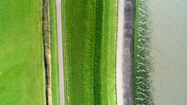 costa y dique - vista aérea - netherlands dyke polder aerial view fotografías e imágenes de stock