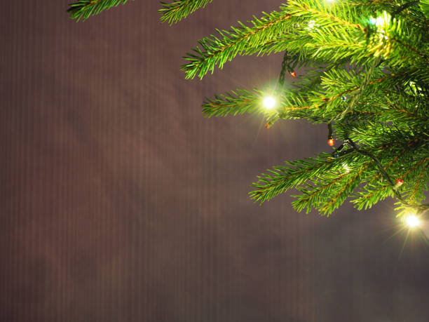 christmas background: christmas tree decked with glowing garland - decked imagens e fotografias de stock