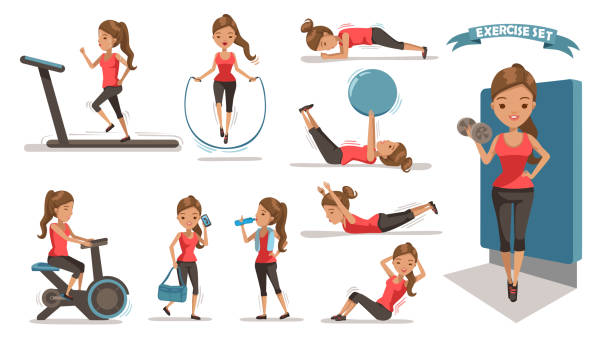 übung frau - fitnessstudio geräte stock-grafiken, -clipart, -cartoons und -symbole