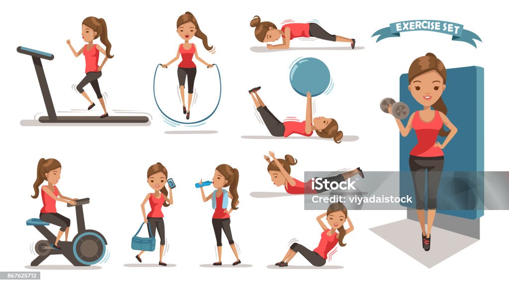 Exercise Woman Exercise woman Health female are exercising character design set. Cute girl  Full Body cartoon set. Isolated on white background. vector illustration Exercising stock vector