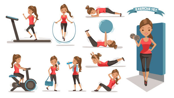 Exercise Woman Exercise woman Health female are exercising character design set. Cute girl  Full Body cartoon set. Isolated on white background. vector illustration gym clipart stock illustrations