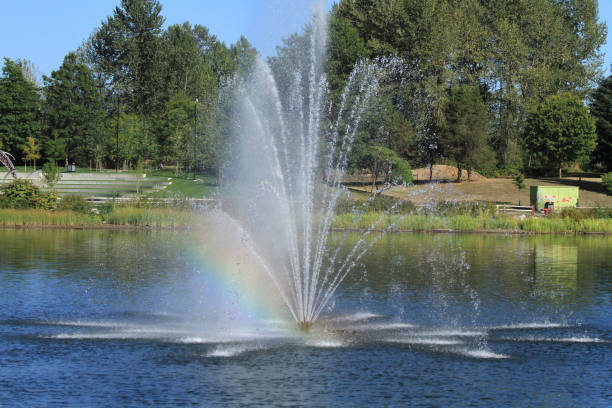 istock Rainbow from a water fountain in a small lake 867629534
