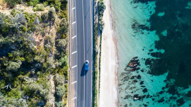 Aerial photograph of car driving captured at Anthony's Nose, Dromana, Victoria