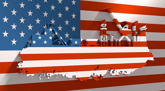 Energy and Power icons set and grunge brush stroke. Energy generation, transportation and heavy industry relative image. Flag of the USA. 3D rendering