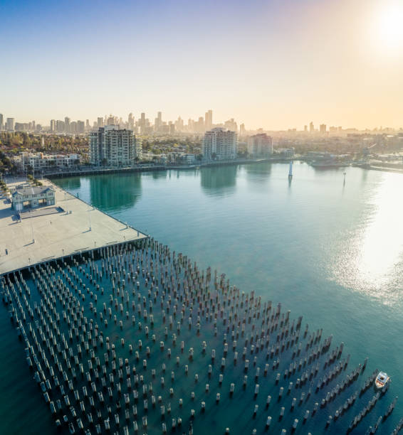 Port Melbourne Aerial Aerial photograph captured at Princes Pier, Melbourne on sunrise. port melbourne melbourne stock pictures, royalty-free photos & images