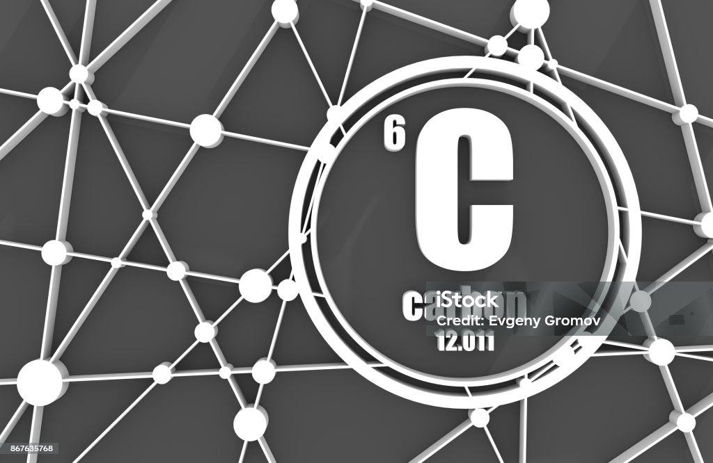 Carbon chemical element. Carbon chemical element. Sign with atomic number and atomic weight. Chemical element of periodic table. Molecule And Communication Background. Connected lines with dots. 3D rendering Periodic Table Stock Photo