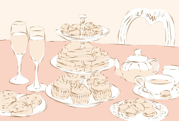 elegant afternoon tea tea with cakes, muffin, macaroon and sandwiches tea set stock illustrations