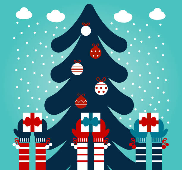 niedliche winter urlaub illustration mit viele kinderhände auferweckt mit geschenken. weihnachten und neujahr vektor karte mit kindern, baum, schneeflocken und wolken - child toy giving organization stock-grafiken, -clipart, -cartoons und -symbole