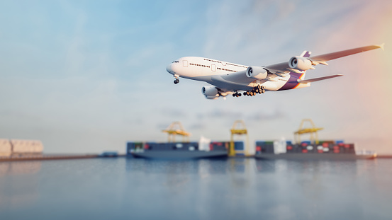 Plane trucks are flying towards the destination with the brightest.3d render and illustration.
