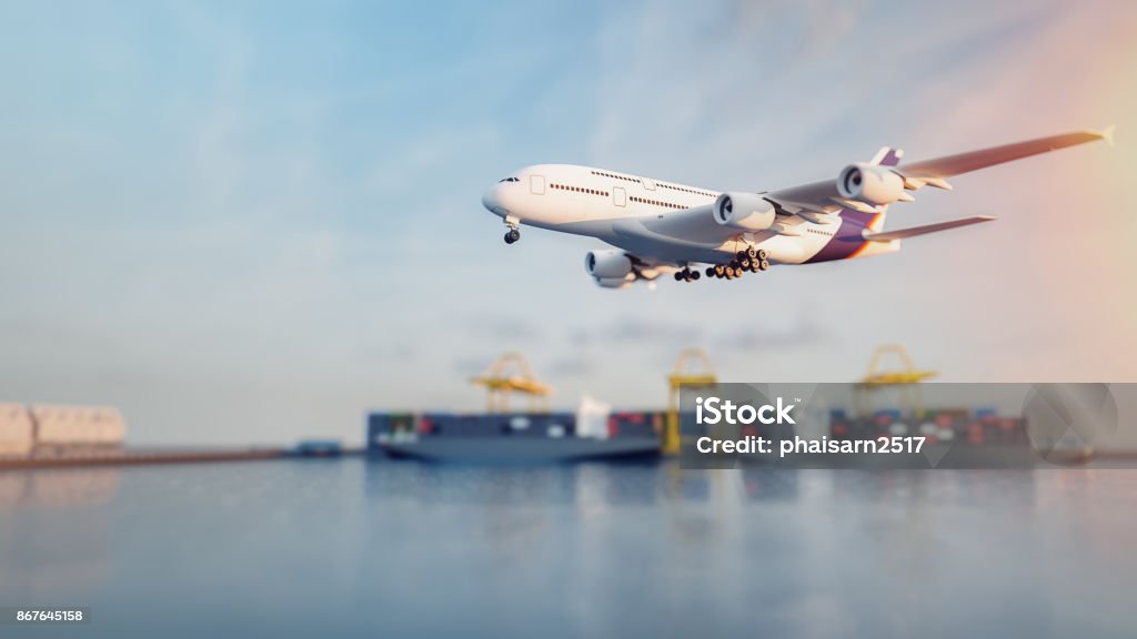 Plane trucks are flying towards the destination with the brightest. Plane trucks are flying towards the destination with the brightest.3d render and illustration. Freight Transportation Stock Photo