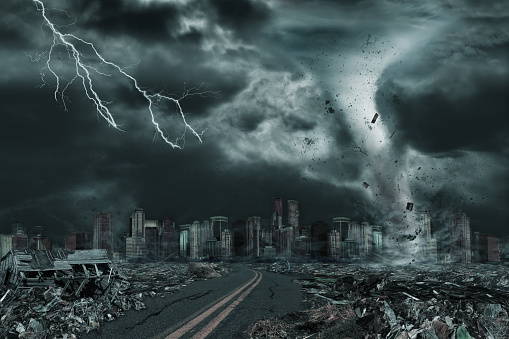 A cinematic portrayal of a tornado or hurricane's detailed destruction along its path toward fictitious city with flying debris and collapsing structures. Concept of natural disasters, judgment day, apocalypse.  Elements in this cityscape were carefully created, modified and manipulated to resemble a fictitious disaster scene. I shot the original photo of the area in downtown Vancouver for this purpose (see attached photo).