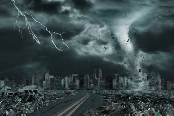Cinematic Portrayal of City Destroyed by Tornado or Hurricane A cinematic portrayal of a tornado or hurricane's detailed destruction along its path toward fictitious city with flying debris and collapsing structures. Concept of natural disasters, judgment day, apocalypse.  Elements in this cityscape were carefully created, modified and manipulated to resemble a fictitious disaster scene. I shot the original photo of the area in downtown Vancouver for this purpose (see attached photo). apocalypse photos stock pictures, royalty-free photos & images
