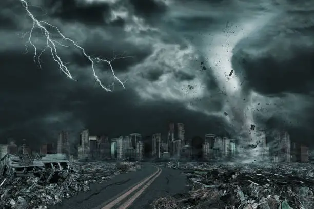 Photo of Cinematic Portrayal of City Destroyed by Tornado or Hurricane