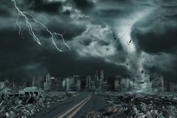 A cinematic portrayal of a tornado or hurricane's detailed destruction along its path toward fictitious city with flying debris and collapsing structures. Concept of natural disasters, judgment day, apocalypse.  Elements in this cityscape were carefully created, modified and manipulated to resemble a fictitious disaster scene. I shot the original photo of the area in downtown Vancouver for this purpose (see attached photo).