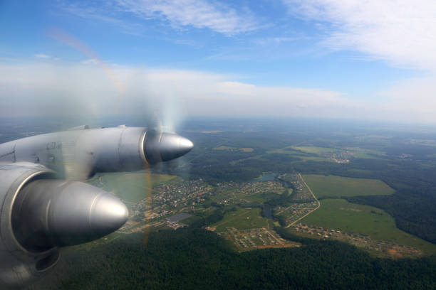 Ilyushin IL-18 old civil propeller airliner, wing view on engines.