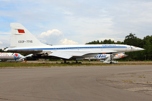 Zhukovsky, Moscow Region, Russia - August 21, 2015: Tupolev Tu-144 RA-77115 of Tupolev Design Bureau standing Zhukovsky during MAKS-2015 airshow.