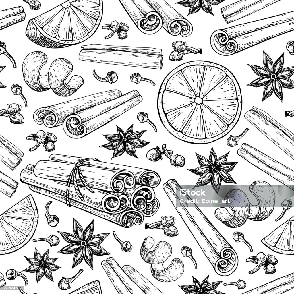 Mulled wine ingradients seamless pattern. Cinnamon stick tied bunch, anise star, orange, cloves. Mulled wine ingradients seamless pattern. Cinnamon stick tied bunch, anise star, orange, cloves. Vector drawing. Hand drawn sketch. Seasonal food background. Engraved style spice and flavor object. Xmas drink. Cinnamon stock vector