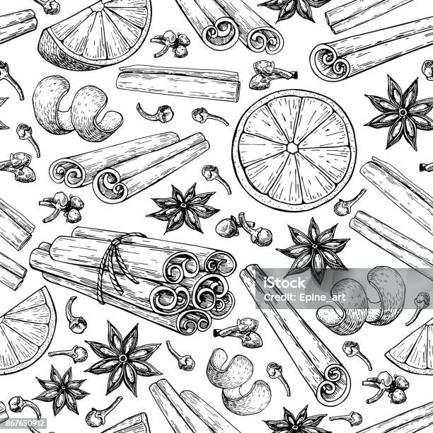 Mulled Wine Ingradients Seamless Pattern Cinnamon Stick Tied Bunch Anise Star Orange Cloves Stock Illustration - Download Image Now