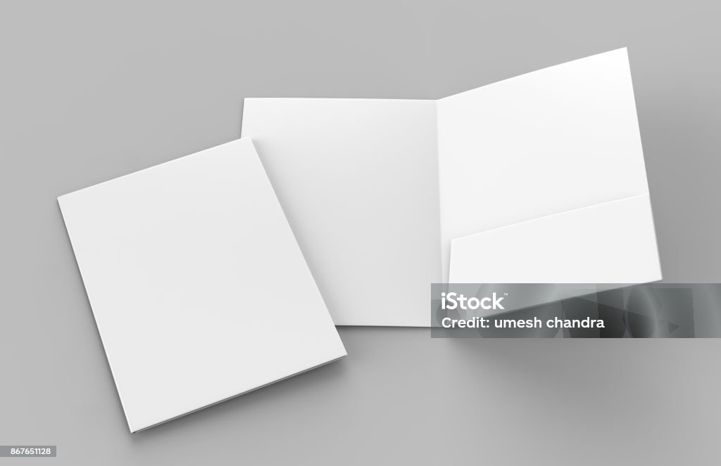 Blank white reinforced single pocket folder catalog on grey background for mock up. 3D rendering Blank white reinforced single pocket folders on grey background for mock up Ring Binder Stock Photo