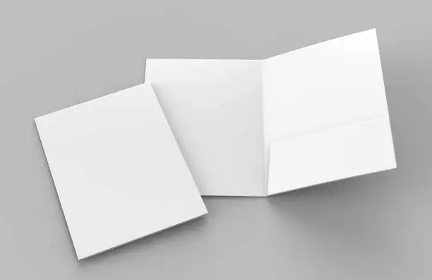 Photo of Blank white reinforced single pocket folder catalog on grey background for mock up. 3D rendering