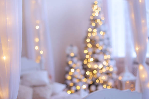 Christmas festive decoration. Cozy Christmas home interior. New year decoration. Blur, boke background. pink christmas tree stock pictures, royalty-free photos & images