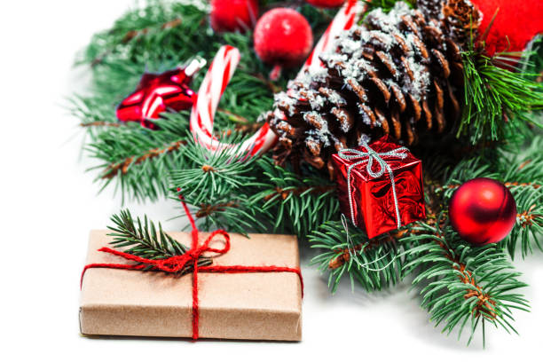 istock Christmas decorations isolated on white background.  Winter Xmas holiday card 867664392