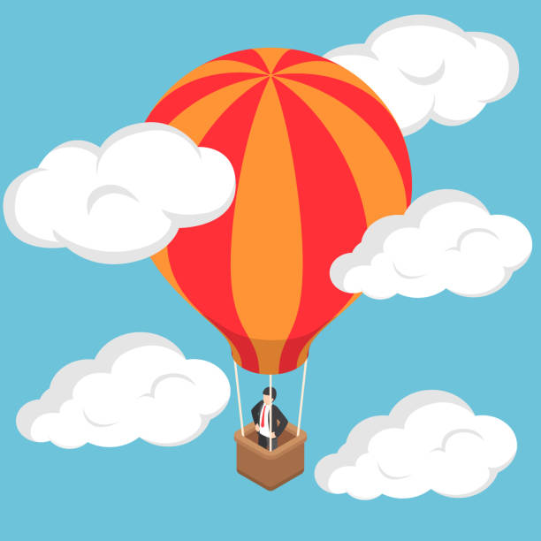 ilustraciones, imágenes clip art, dibujos animados e iconos de stock de empresario isométrico en globo de aire caliente. - heat mid air flying float