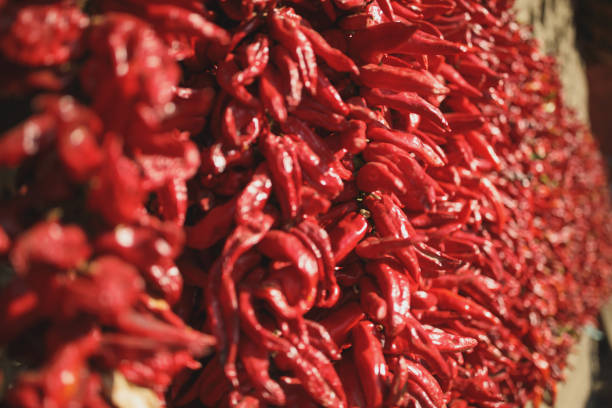 istock Strings of red peppers dry on village house 867675518