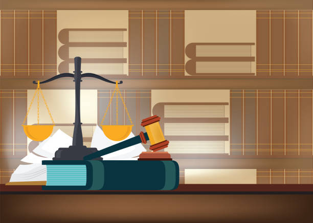 juristische literatur mit einem richter hammer auf einen tisch und buch regale auf hintergrund. - book law legal system lawyer stock-grafiken, -clipart, -cartoons und -symbole