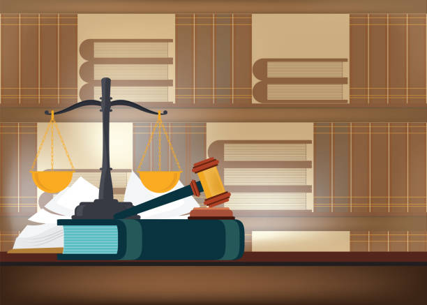 ilustrações de stock, clip art, desenhos animados e ícones de law books with a judge's gavel on a table and book shelves on background. - lawsuit
