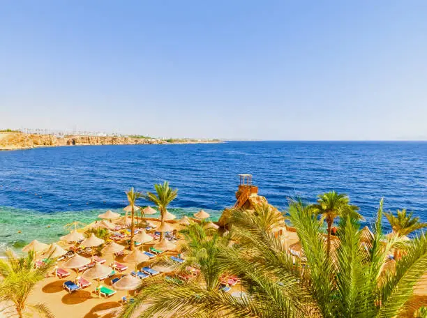 Panorama of the beach with coral reef at sunny day at Sharm el Sheikh, Egypt