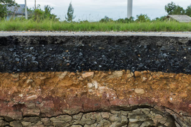 istock The layer of asphalt road with soil and rock. 867678702