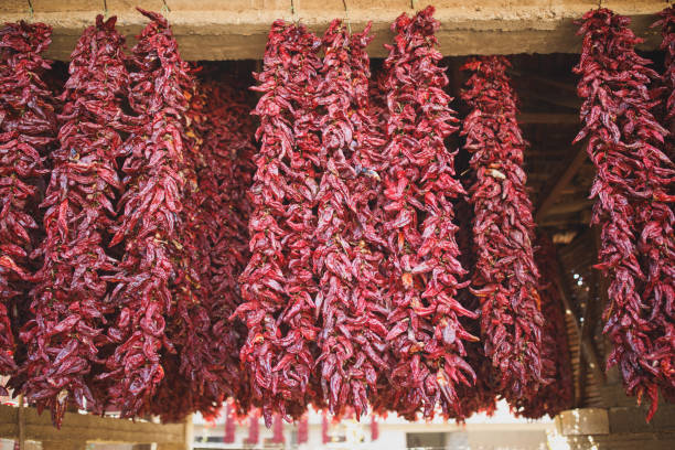 istock Strings of red peppers dry on village house 867679072
