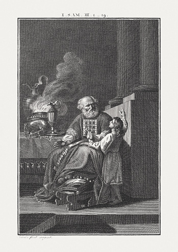 Samuel Taught By Eli (1 Samuel 3, 1-19). Copperplate engraving by Carl Schuler after a painting (1780) by John Singleton Copley (American painter, 1738 - 1815), published c. 1850.