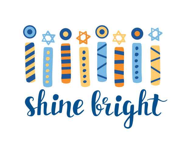 ilustrações, clipart, desenhos animados e ícones de shine bright. cartão de saudação hanukkah com menorá criativa mão desenhada velas uma única letras - hanukkah menorah candle blue