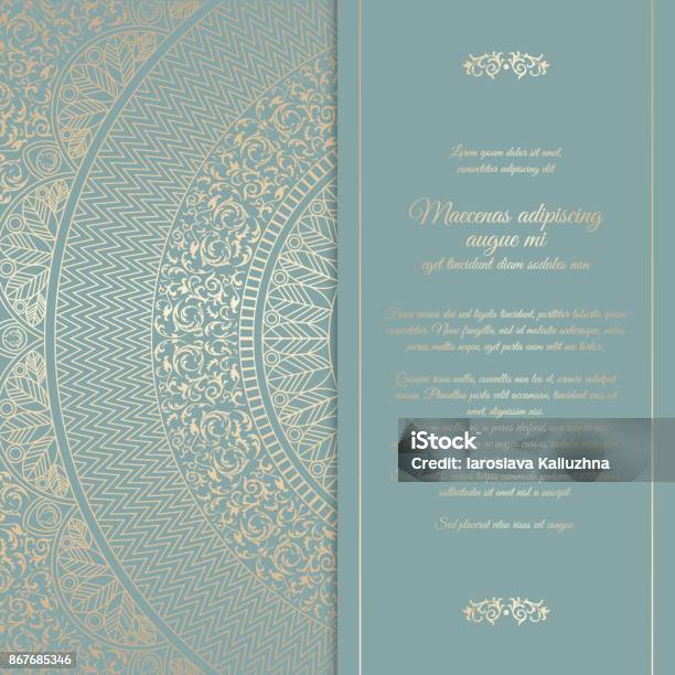 Beautiful Floral Square Invitation Card With Golden Round Pattern Vintage Wedding Cover Design Template Vector Mandala Background With Message Space Stock Illustration - Download Image Now
