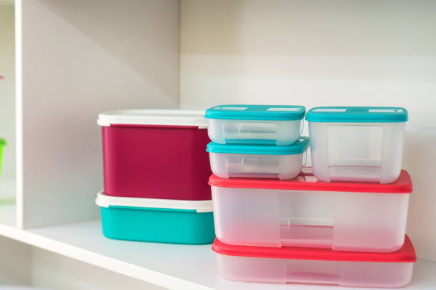 istock Group of modern plastic food containers on shelf 867686138