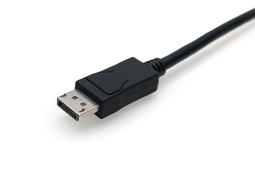 Cable Displayport on Isolated White Background. Black wire